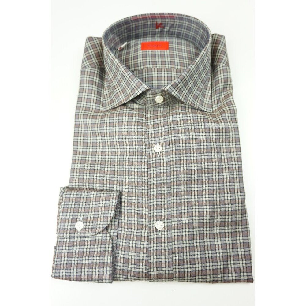 Isaia Napoli Mauve White Plaid Long Sleeve Cotton Dress Shirt 15.5/39 NEW